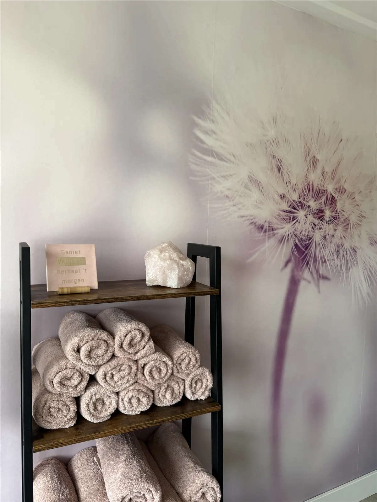 Behandelruimte van Studio Anja met opgerolde roze handdoeken, een rozenkwarts en een grote paardenbloem op de muur